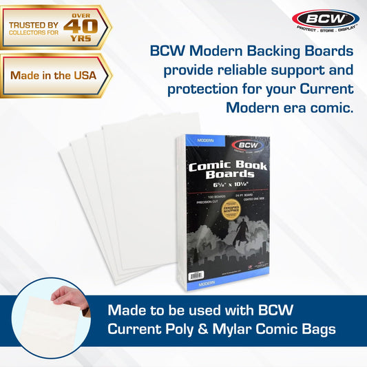 BCW Modern Comic Backing Boards - 100 Pack | Certified Acid-Free, Lab-Tested Archival Quality Comic Book Boards | Ideal for Comic Book Storage and Preservation